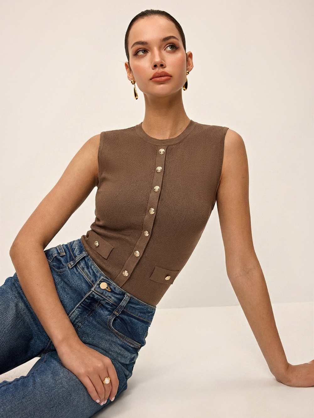 Commense Metal Button Crew-Neck Sleeveless Knit Vest